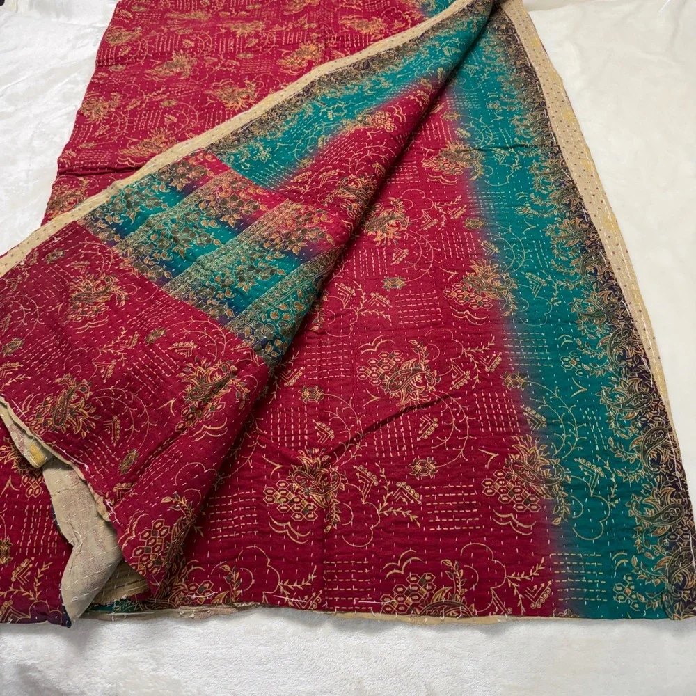 VTG New Kantha Quilt Throw Blanket Red Teal Floral Paisley Hand‎ Stitched 92x52